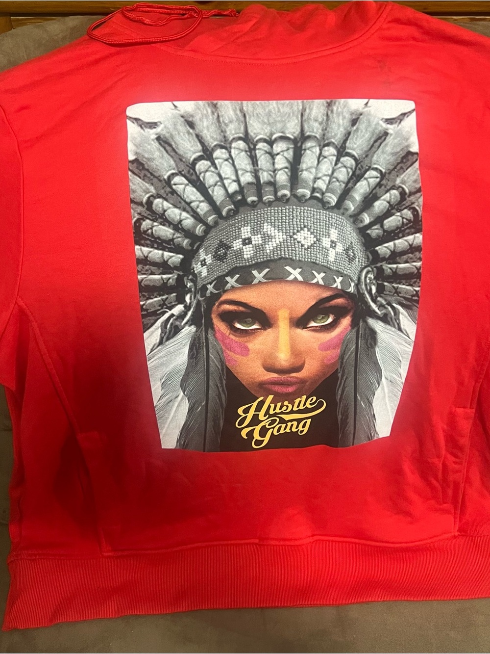 Hustle Gang Red Pullover Hoodie with Graphic Headdress Print